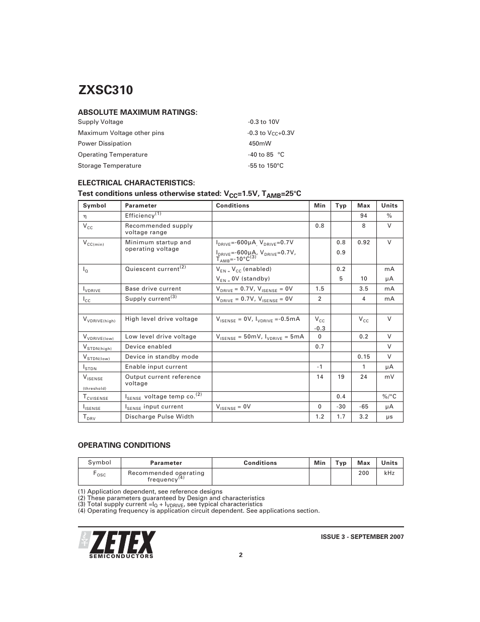 Zxsc310, Absolute maximum ratings, 5v, t | 25 c, Operating conditions | Diodes ZXSC310 User Manual | Page 2 / 16