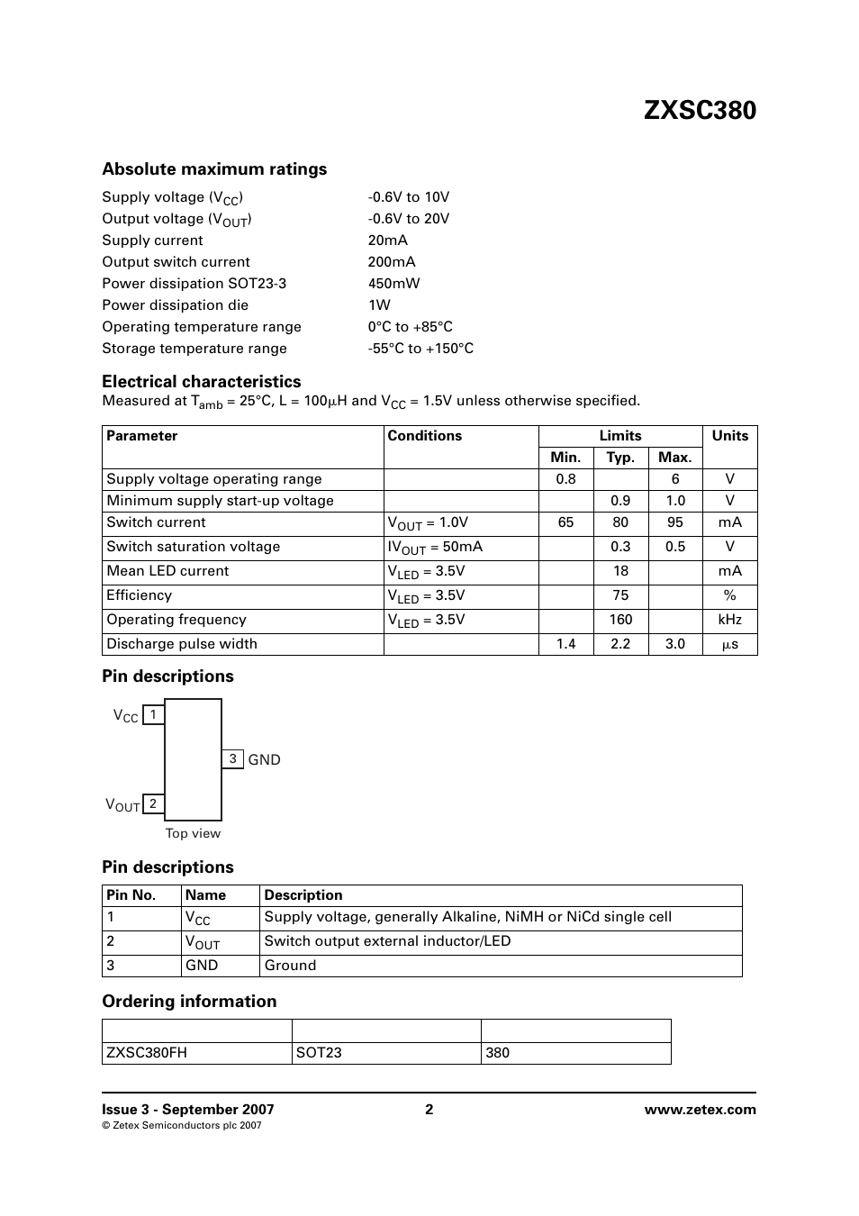 Absolute maximum ratings, Electrical characteristics, Pin descriptions | Ordering information, Zxsc380, Pin descriptions ordering information | Diodes ZXSC380 User Manual | Page 2 / 10