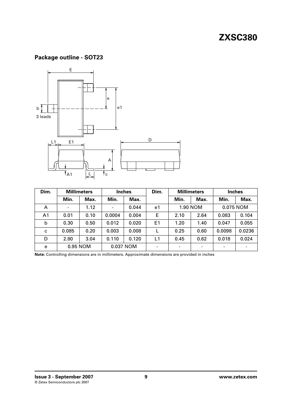 Package outline - sot23, Zxsc380 | Diodes ZXSC380 User Manual | Page 9 / 10