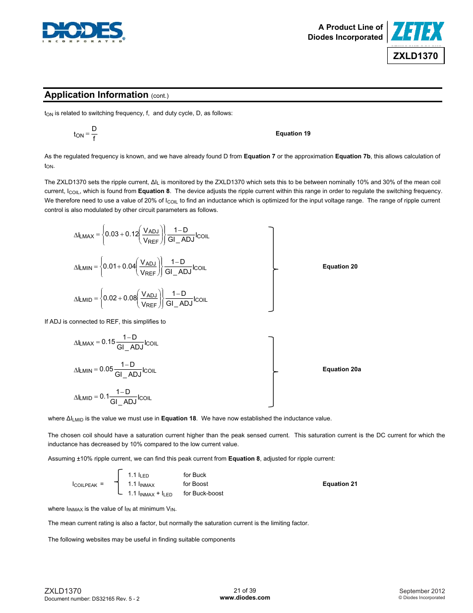 Zxld1370, Application information | Diodes ZXLD1370 User Manual | Page 21 / 39