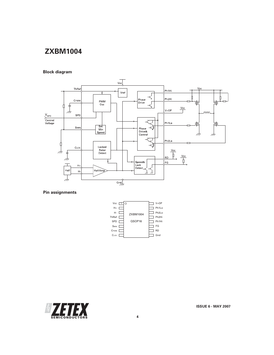 Zxbm1004, Block diagram, Pin assignments | Diodes ZXBM1004 User Manual | Page 4 / 12