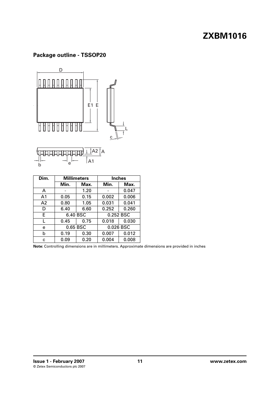 Package outline - tssop20, Zxbm1016 | Diodes ZXBM1016 User Manual | Page 11 / 12