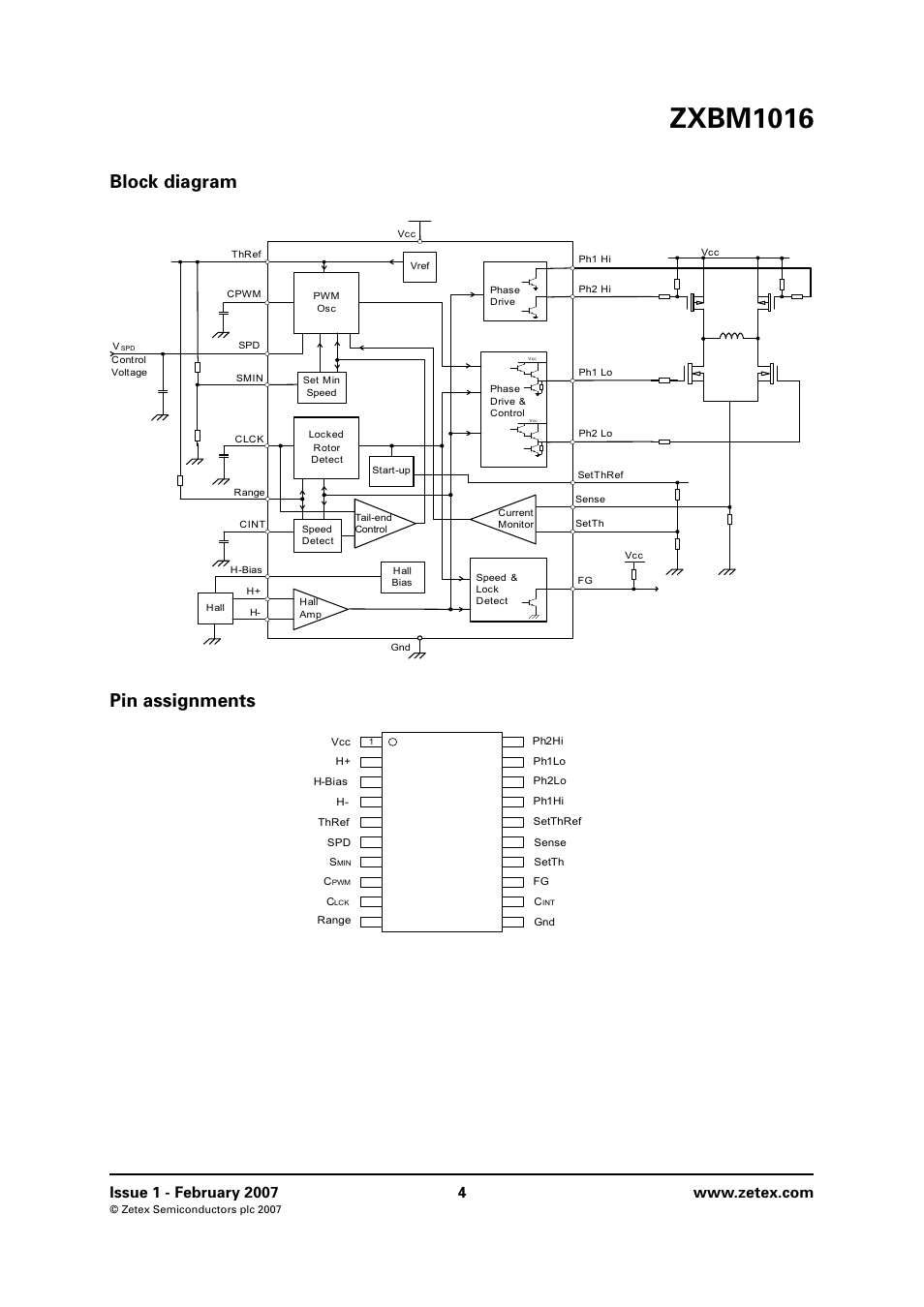 Block diagram, Pin assignments, Zxbm1016 | Block diagram pin assignments | Diodes ZXBM1016 User Manual | Page 4 / 12