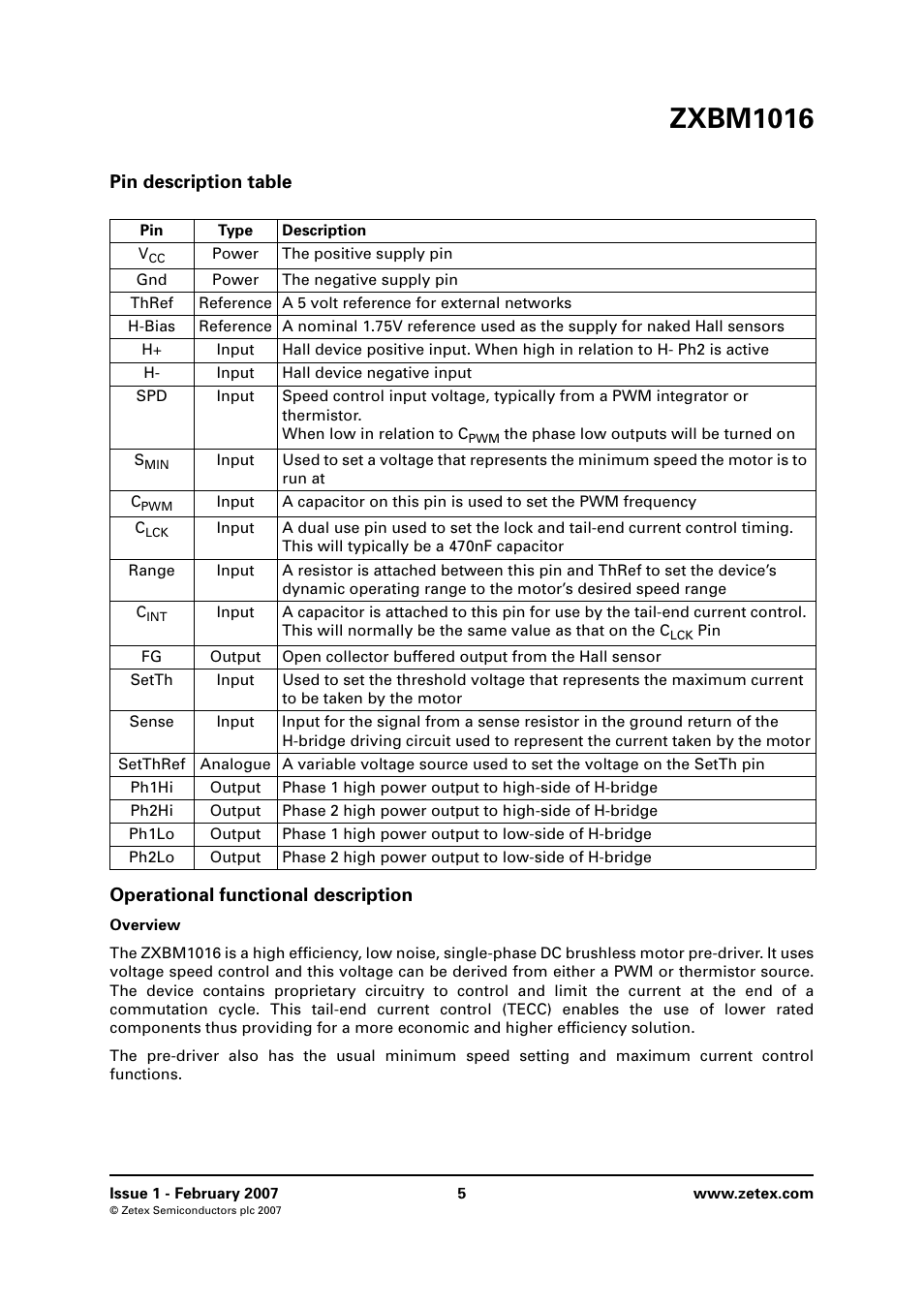 Pin description table, Operational functional description, Zxbm1016 | Diodes ZXBM1016 User Manual | Page 5 / 12