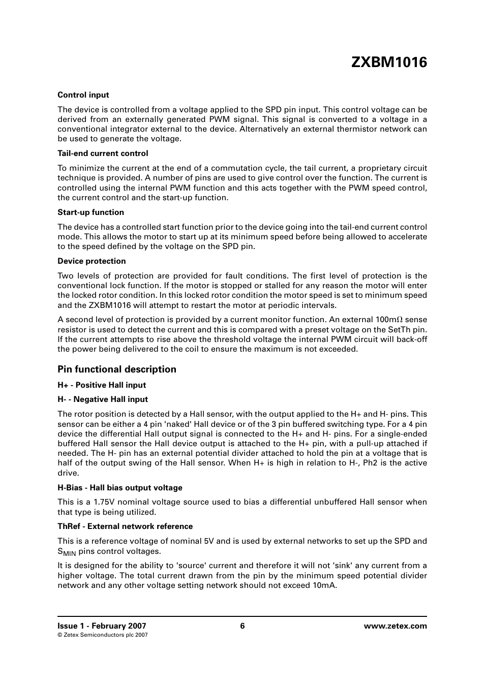 Pin functional description, Zxbm1016 | Diodes ZXBM1016 User Manual | Page 6 / 12