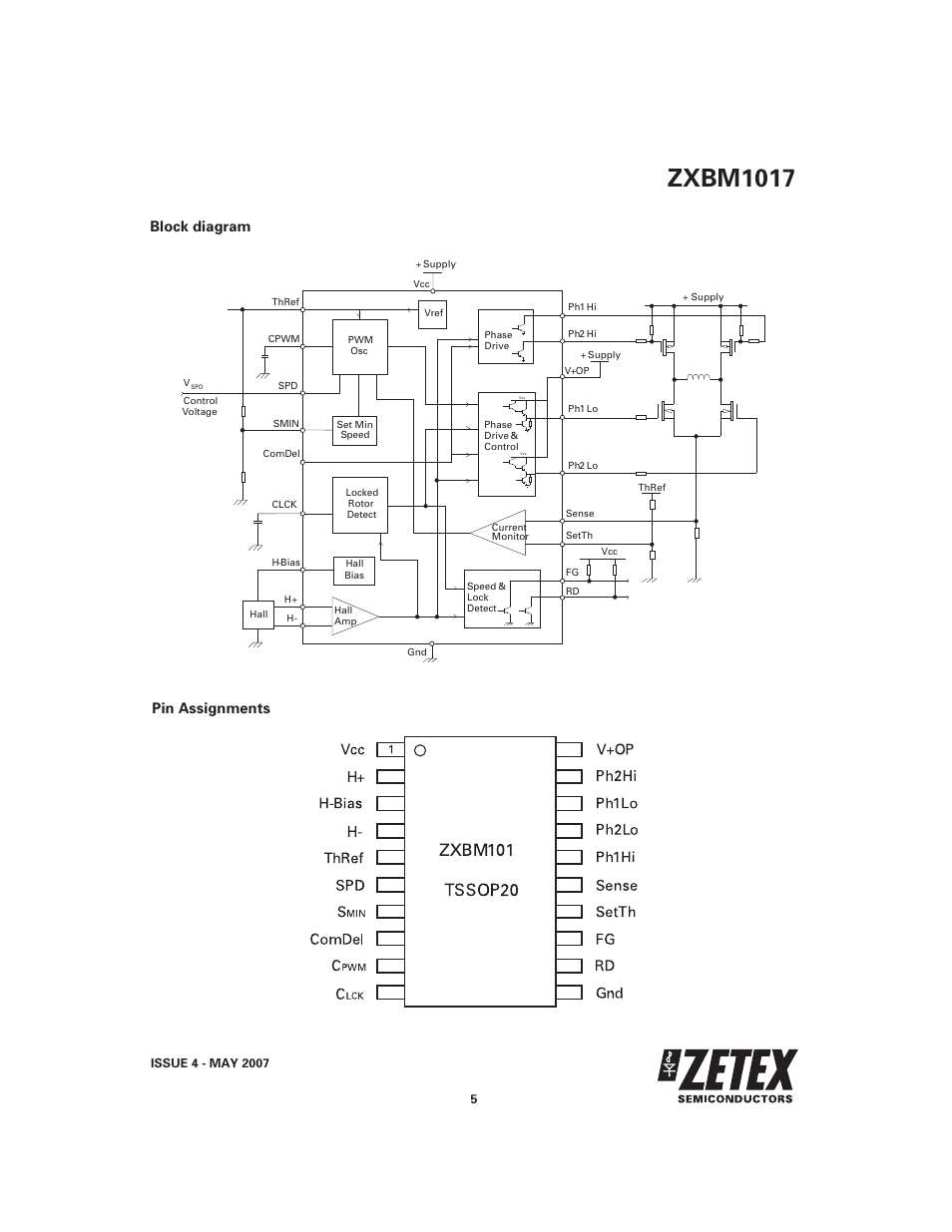 Zxbm1017, Block diagram, Pin assignments | Diodes ZXBM1017 User Manual | Page 5 / 10