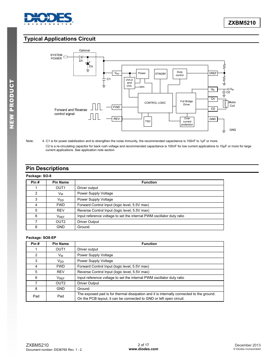 New prod uc t zxbm5210, Typical applications circuit, Pin descriptions | Diodes ZXBM5210 User Manual | Page 2 / 17