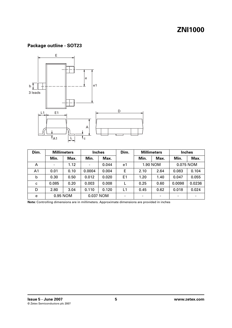 Package outline - sot23, Zni1000 | Diodes ZNI1000 User Manual | Page 5 / 6