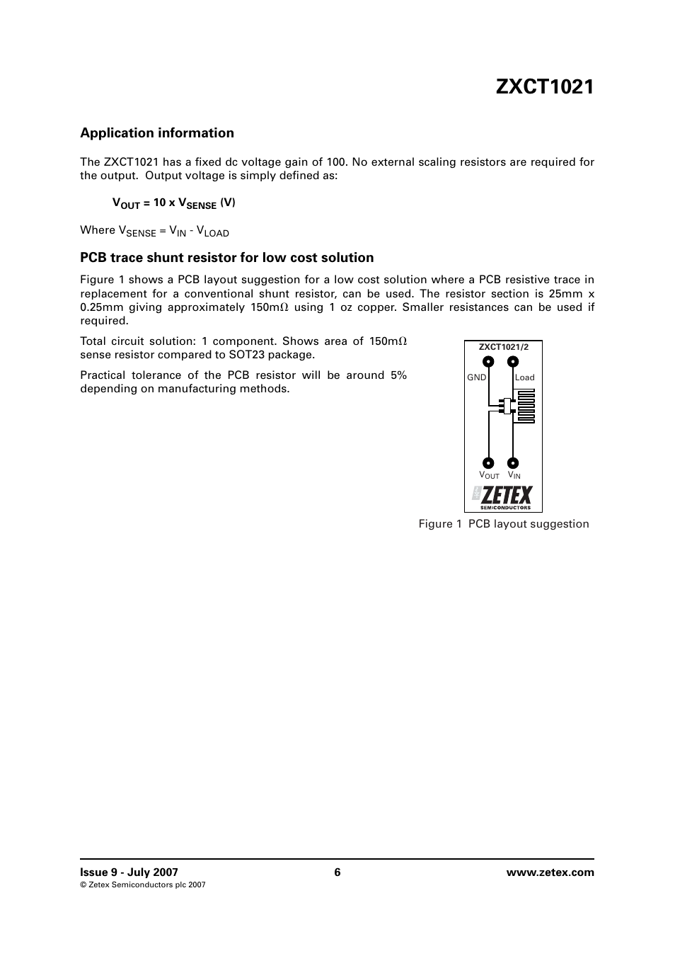 Pcb trace shunt resistor for low cost solution, Zxct1021, Application information | Diodes ZXCT1021 User Manual | Page 6 / 8