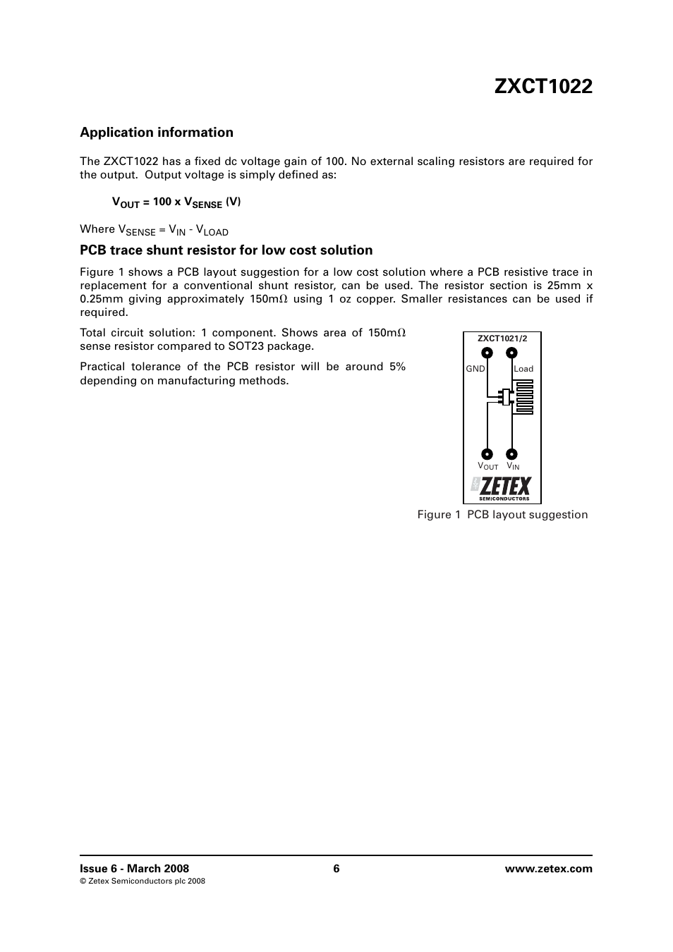 Application information, Pcb trace shunt resistor for low cost solution, Zxct1022 | Diodes ZXCT1022 User Manual | Page 6 / 8