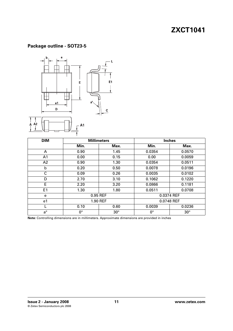 Zxct1041, Package outline - sot23-5 | Diodes ZXCT1041 User Manual | Page 11 / 12