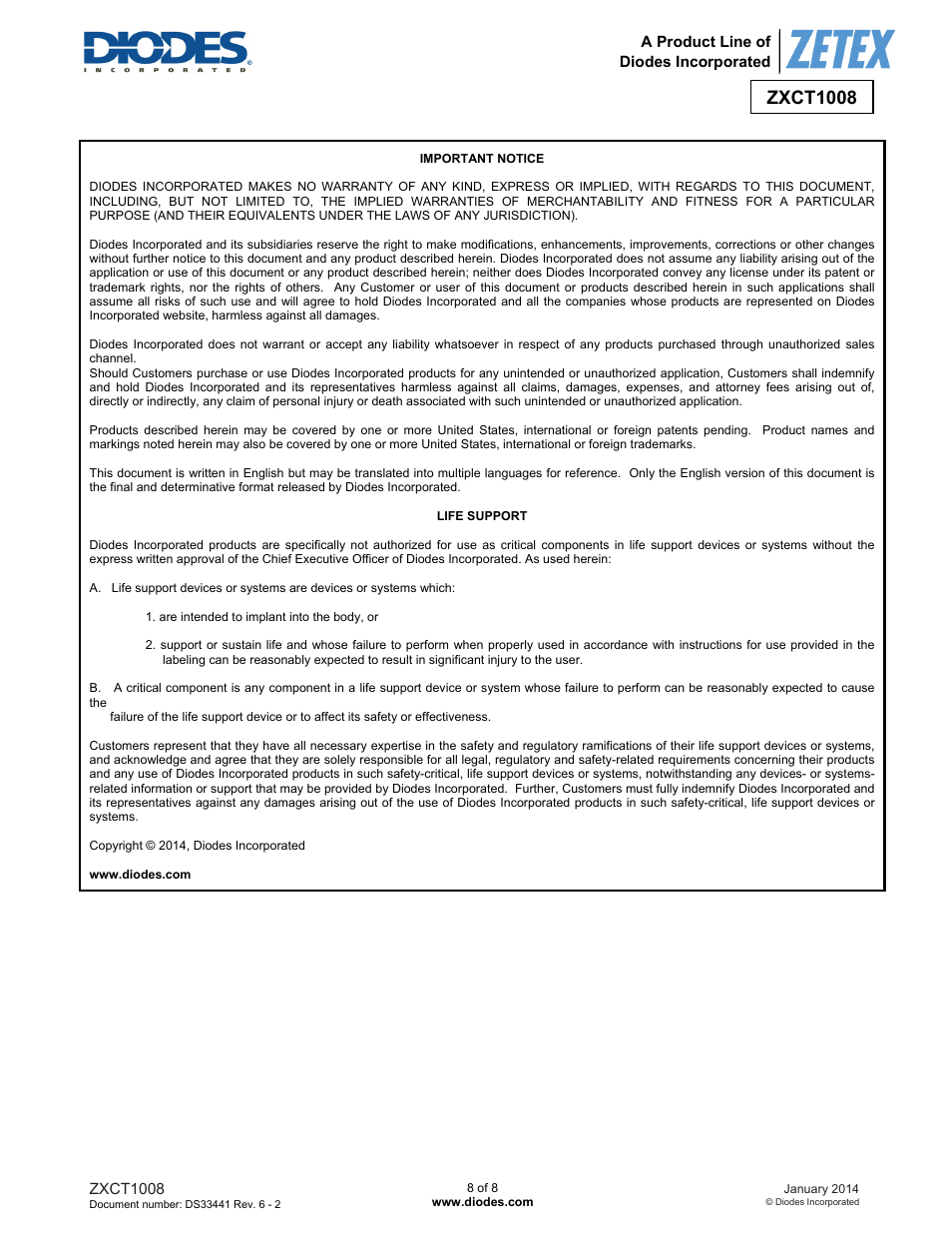 Zxct1008 | Diodes ZXCT1008 User Manual | Page 8 / 8