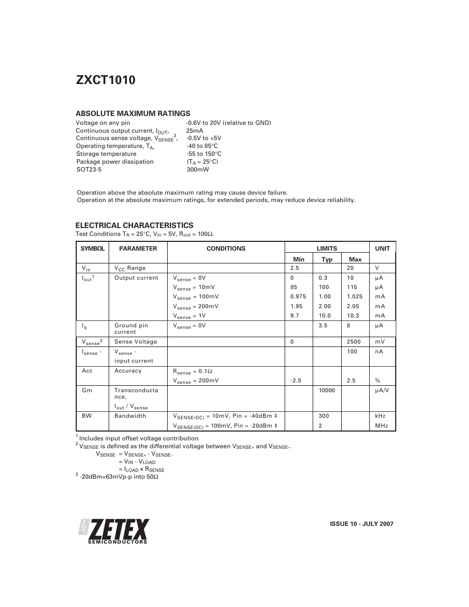 Zxct1010, Electrical characteristics | Diodes ZXCT1010 User Manual | Page 2 / 9