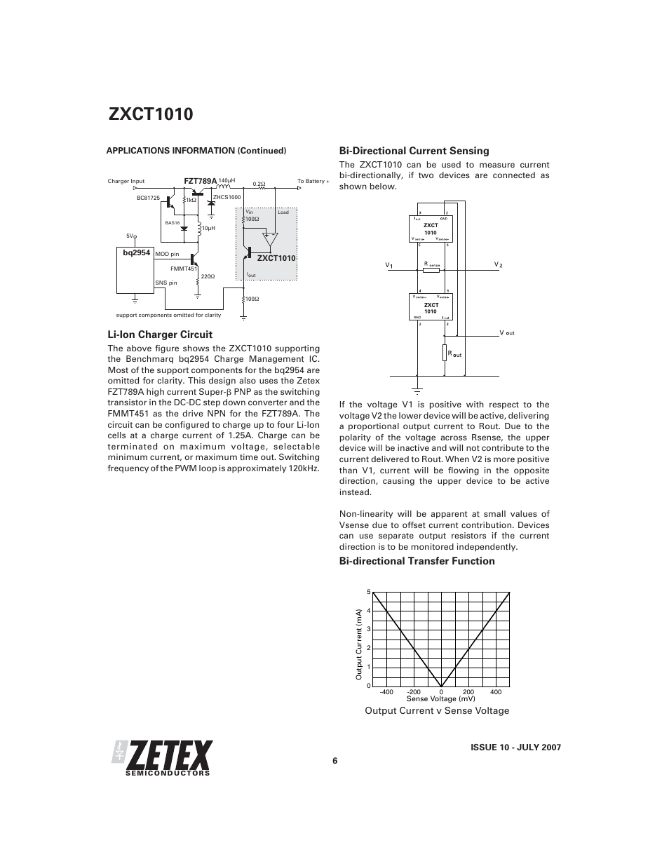 Zxct1010, Li-ion charger circuit, Bi-directional current sensing | Bi-directional transfer function | Diodes ZXCT1010 User Manual | Page 6 / 9