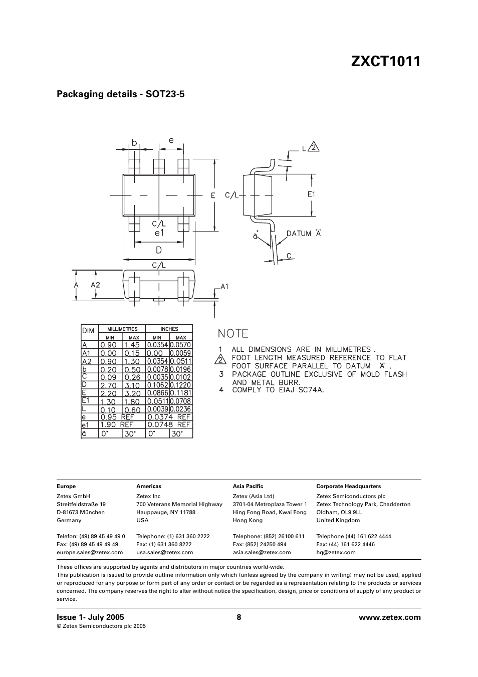 Zxct1011, Packaging details - sot23-5 | Diodes ZXCT1011 User Manual | Page 8 / 8