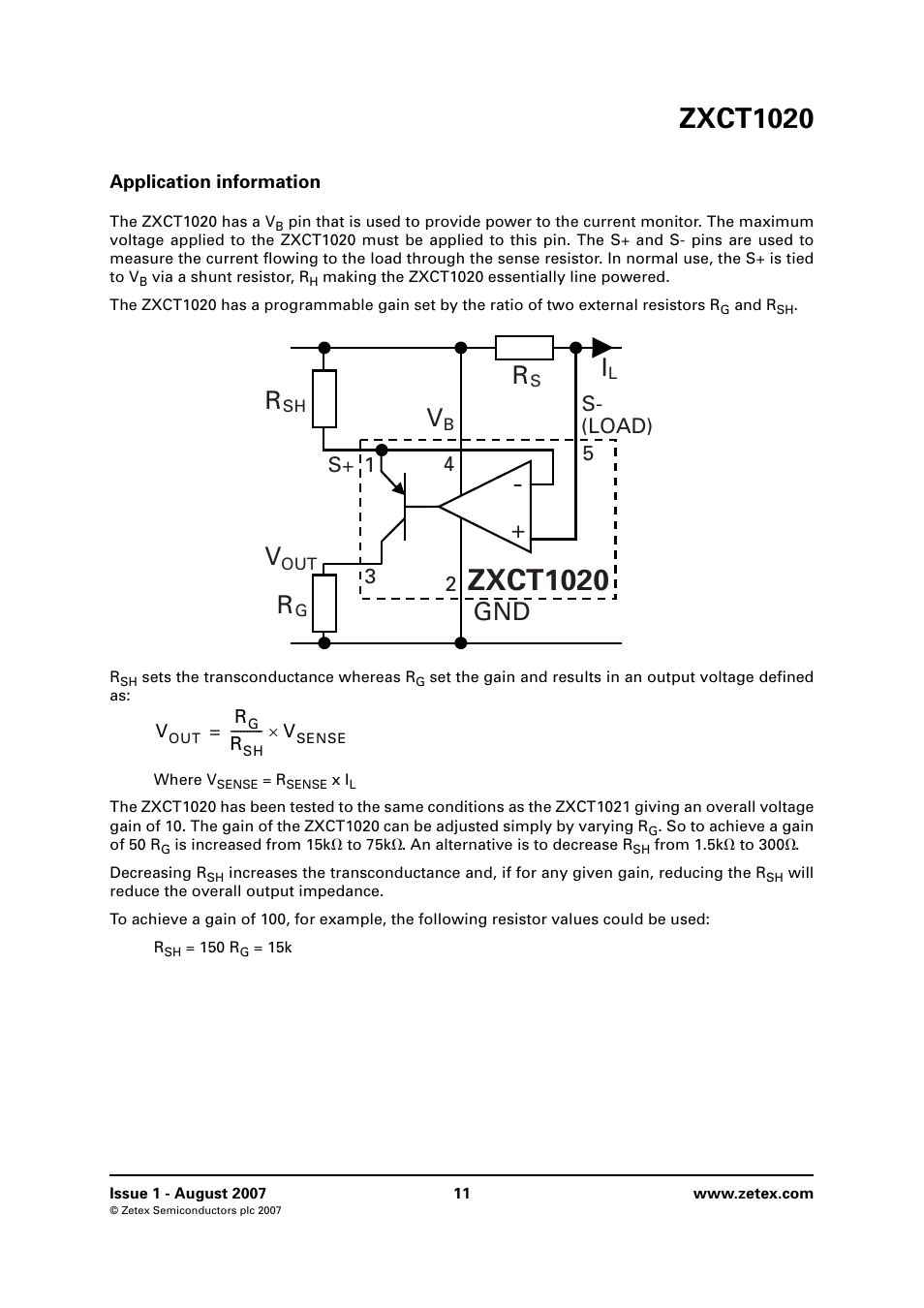 Application information, Zxct1020, Gnd v | S+ s- (load) | Diodes ZXCT1020 User Manual | Page 11 / 14