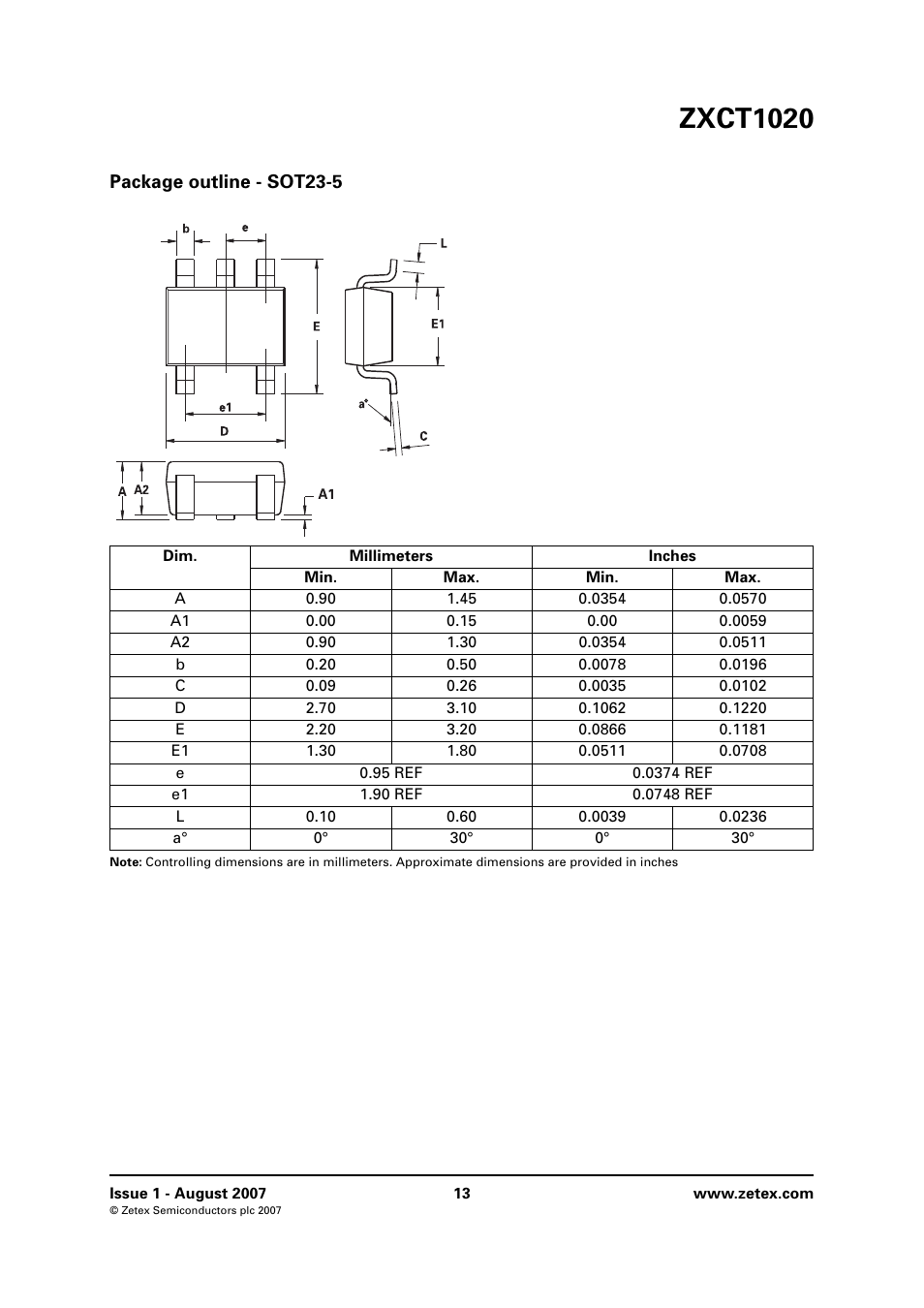Package outline - sot23-5, Zxct1020 | Diodes ZXCT1020 User Manual | Page 13 / 14