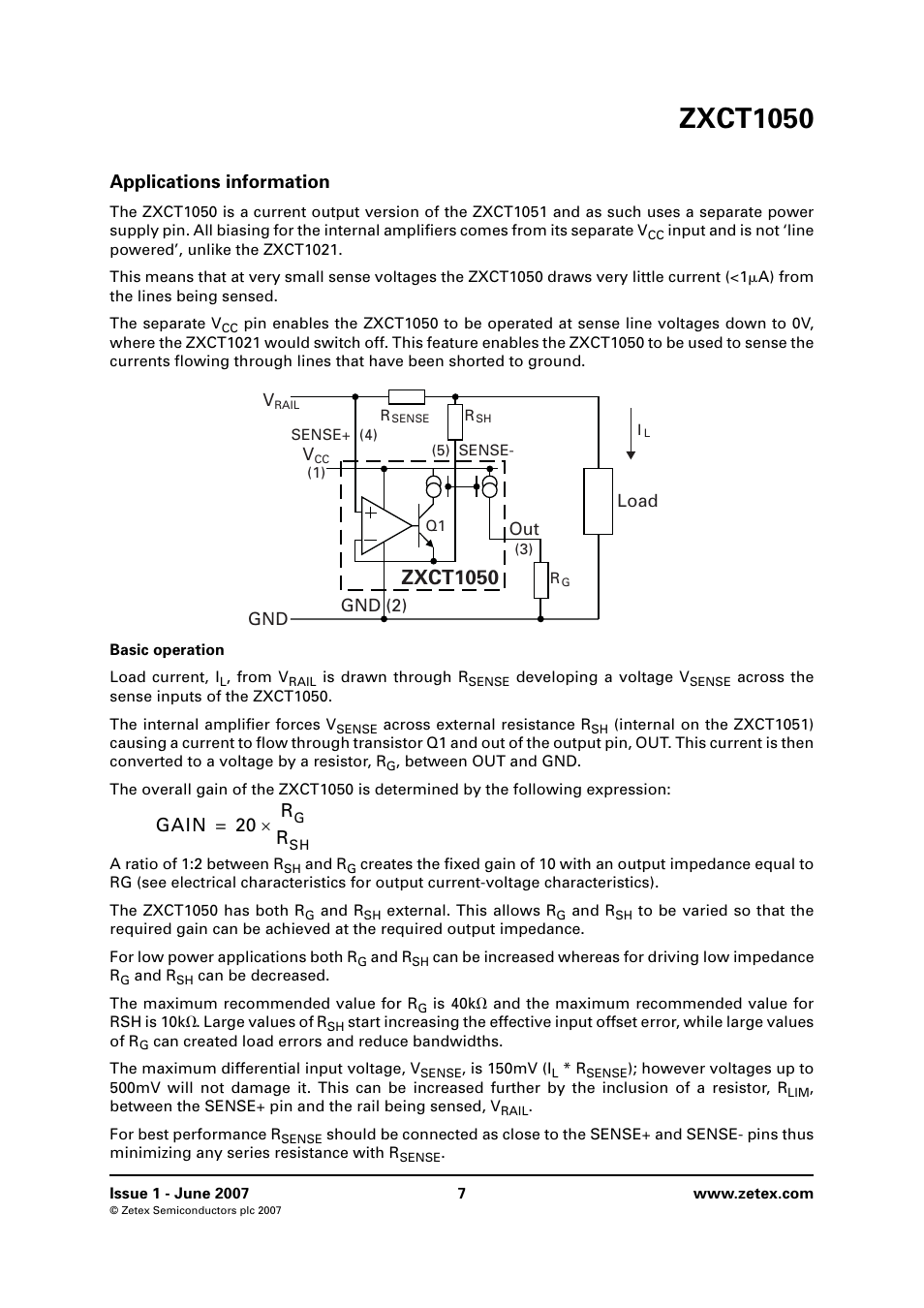 Applications information, Zxct1050, Gain 20 r | Diodes ZXCT1050 User Manual | Page 7 / 10