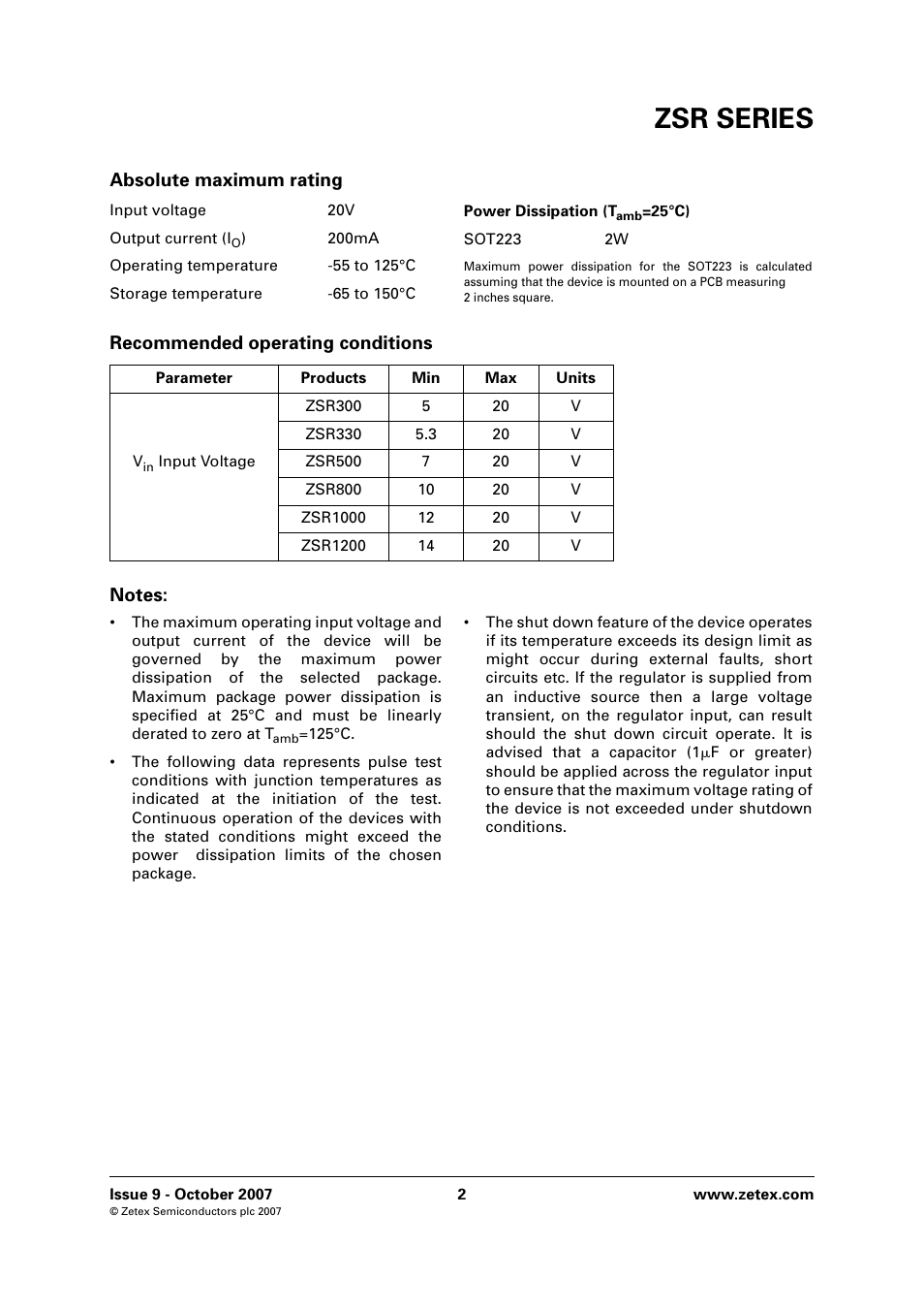 Absolute maximum rating, Recommended operating conditions, Notes | Zsr series | Diodes ZSR SERIES User Manual | Page 2 / 18