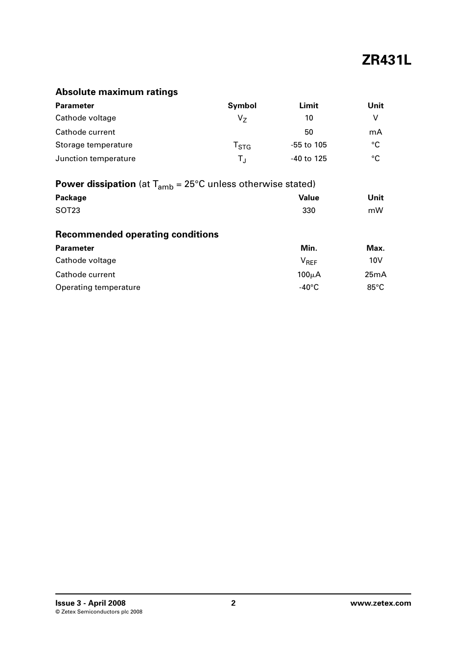 Absolute maximum ratings, Recommended operating conditions, Zr431l | Absolute maximum ratings power dissipation (at t | Diodes ZR431L User Manual | Page 2 / 10