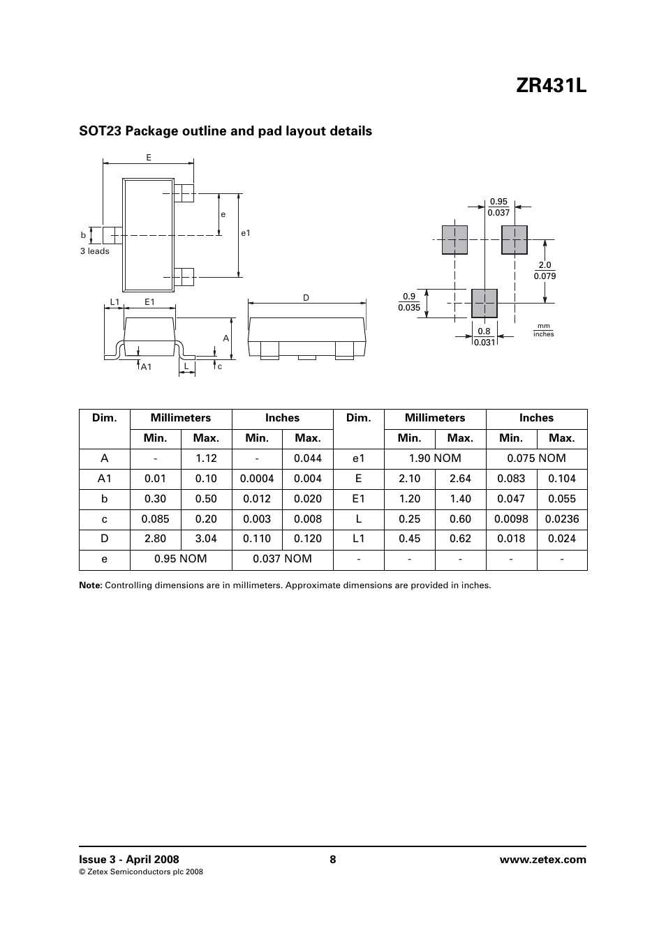 Sot23 package outline and pad layout details, Zr431l | Diodes ZR431L User Manual | Page 8 / 10
