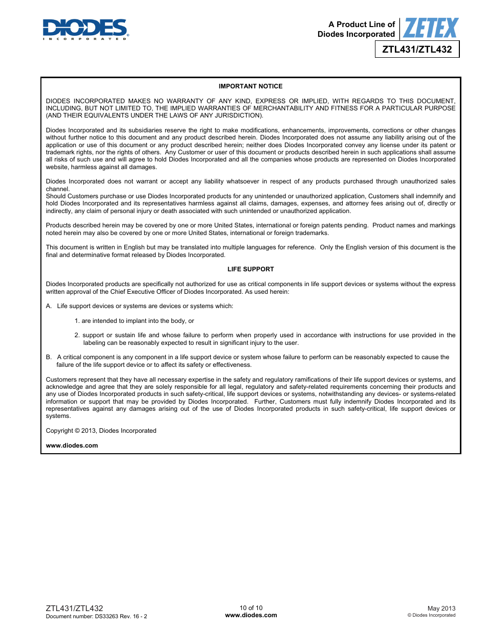 Diodes ZTL432 User Manual | Page 10 / 10