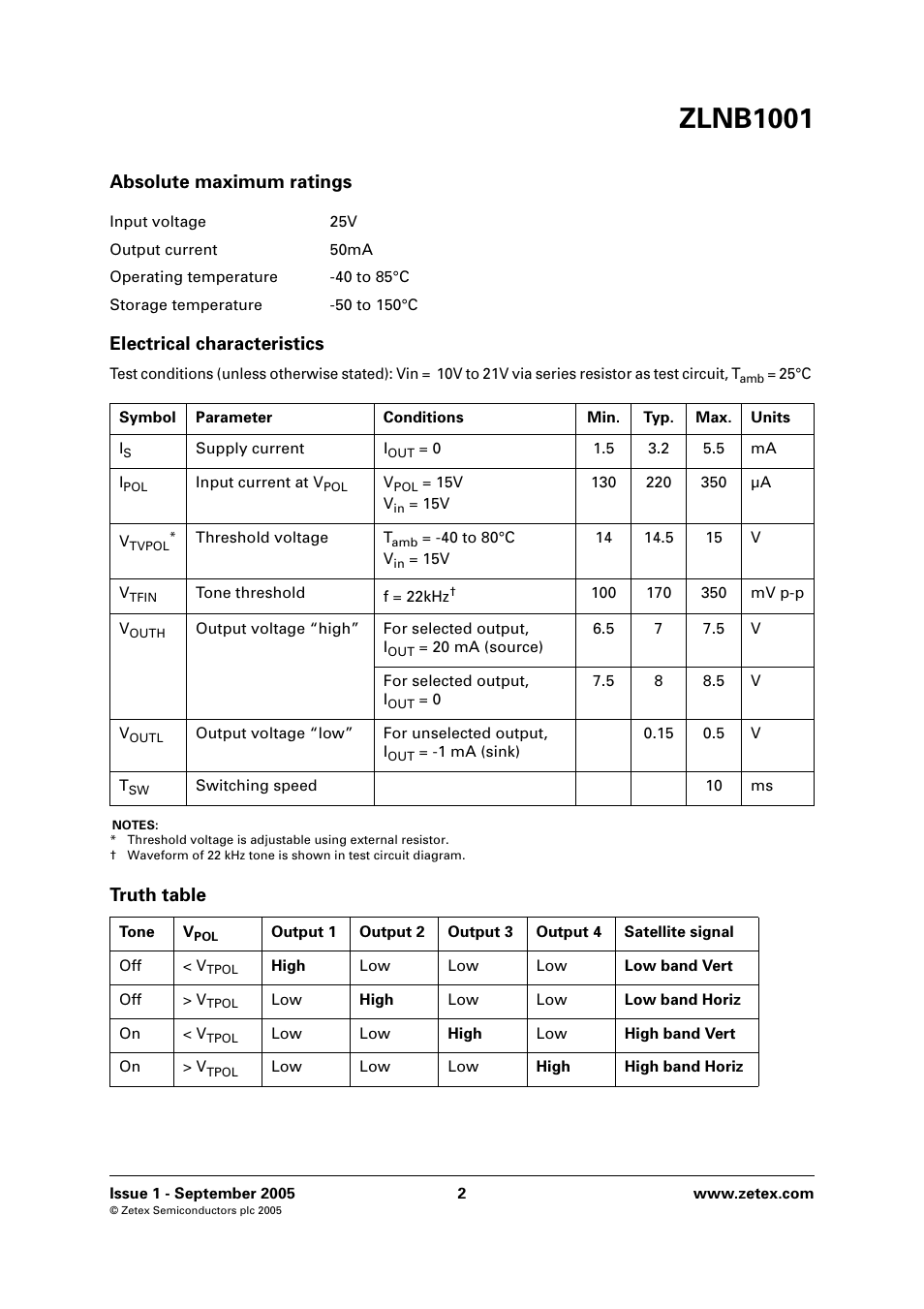 Zlnb1001, Absolute maximum ratings, Electrical characteristics | Truth table | Diodes ZLNB1001 User Manual | Page 2 / 4