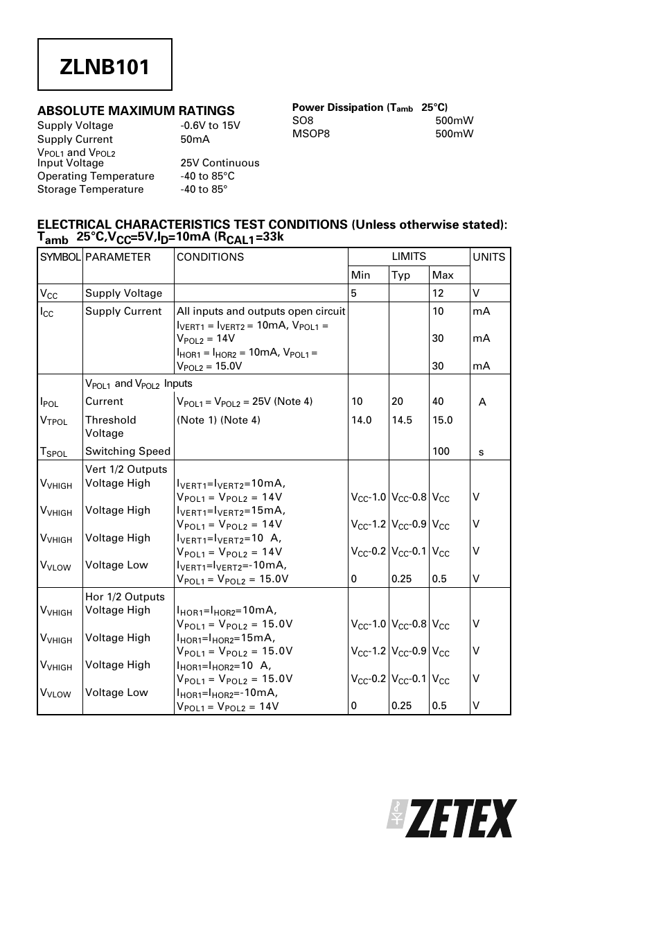 Zlnb101, Absolute maximum ratings, 25°c,v | 5v,i, 10ma (r, 33k ω) | Diodes ZLNB101 User Manual | Page 2 / 5