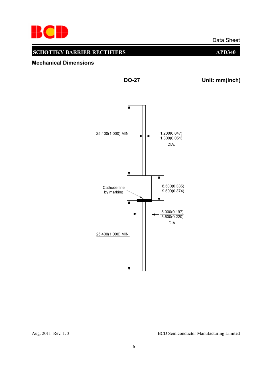 Schottky barrier rectifiers apd340 data sheet, Mechanical dimensions unit: mm(inch) do-27 | Diodes APD340 User Manual | Page 6 / 8