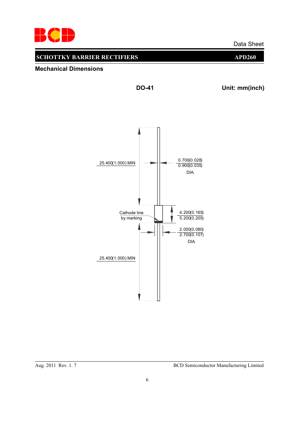 Schottky barrier rectifiers apd260 data sheet, Mechanical dimensions unit: mm(inch) do-41 | Diodes APD260 User Manual | Page 6 / 9