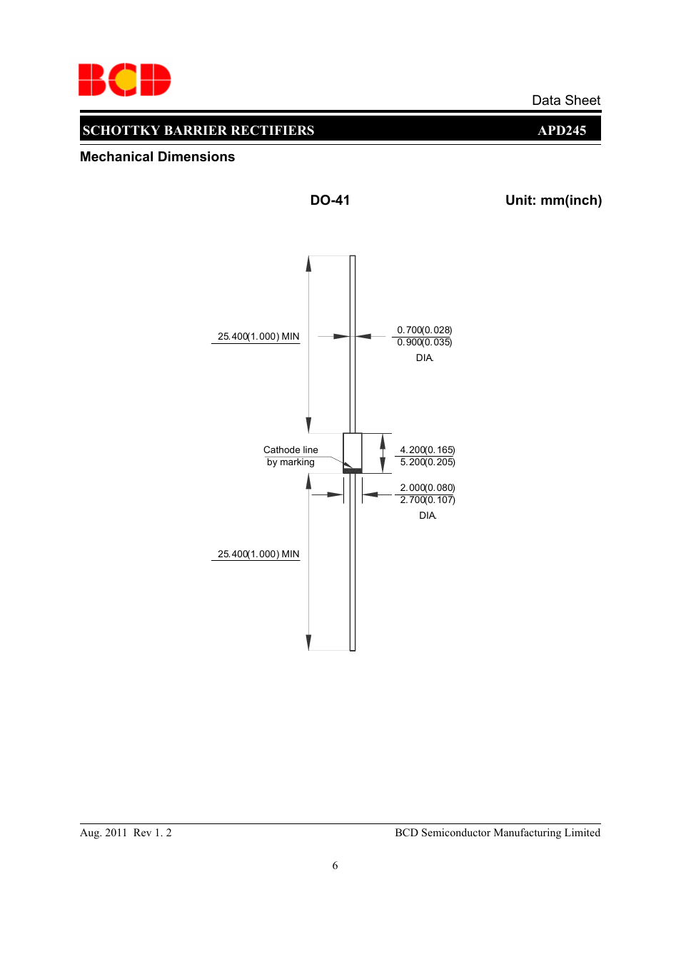 Schottky barrier rectifiers apd245 data sheet, Mechanical dimensions unit: mm(inch) do-41 | Diodes APD245 User Manual | Page 6 / 9