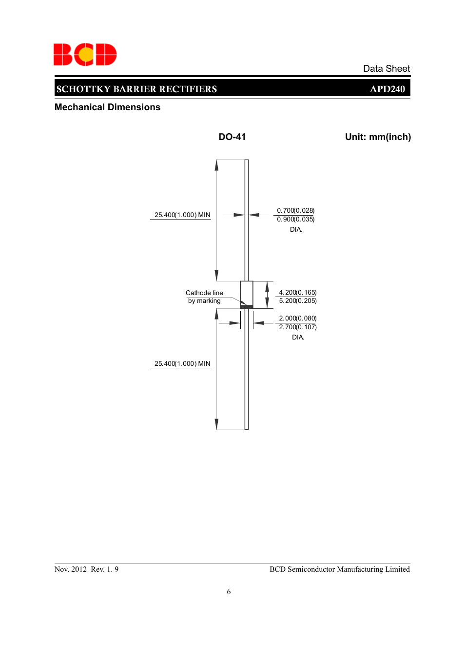 Schottky barrier rectifiers apd240 data sheet, Mechanical dimensions unit: mm(inch) do-41 | Diodes APD240 User Manual | Page 6 / 10