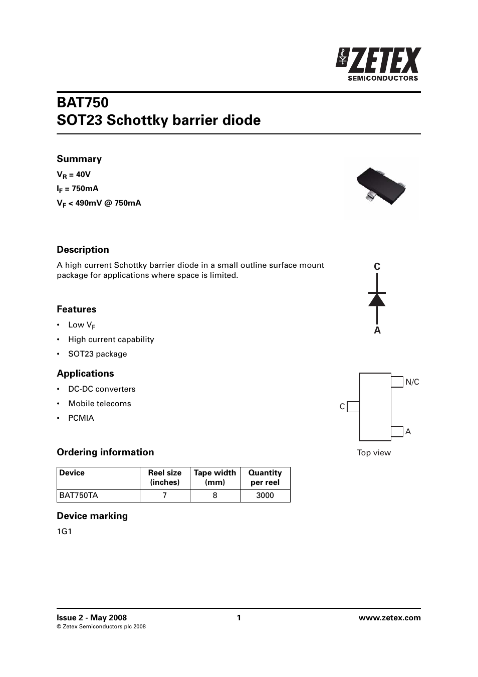 Diodes BAT750 SOT23 User Manual | 6 pages