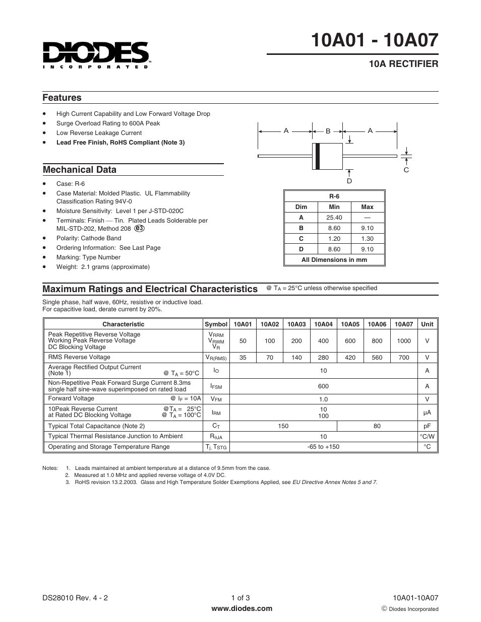 Diodes 10A01 - 10A07 User Manual | 3 pages