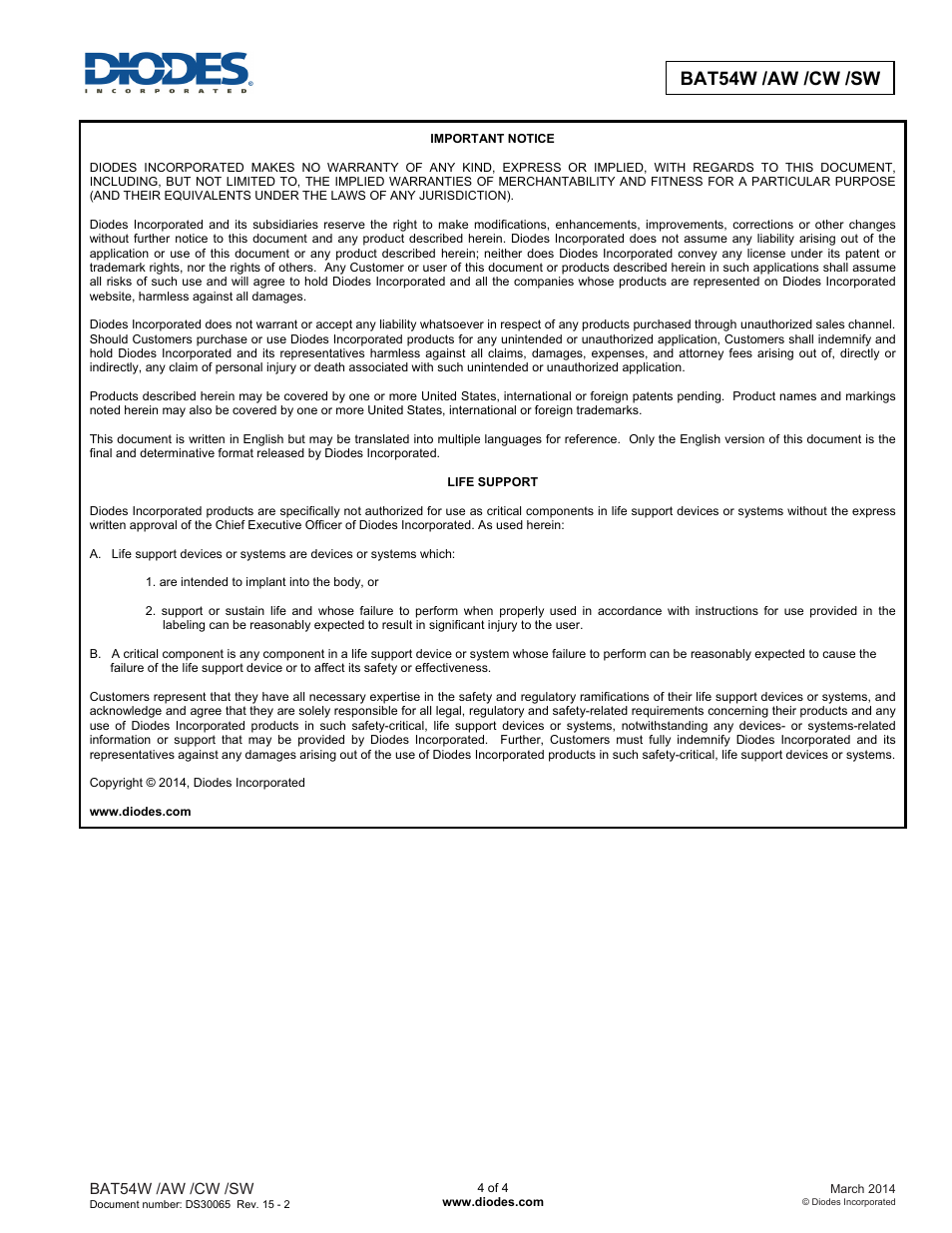 Bat54w /aw /cw /sw | Diodes BAT54W /AW /CW /SW User Manual | Page 4 / 4