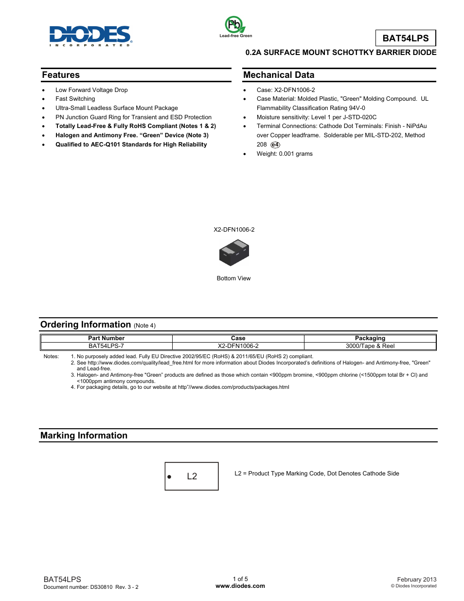 Diodes BAT54LPS User Manual | 5 pages