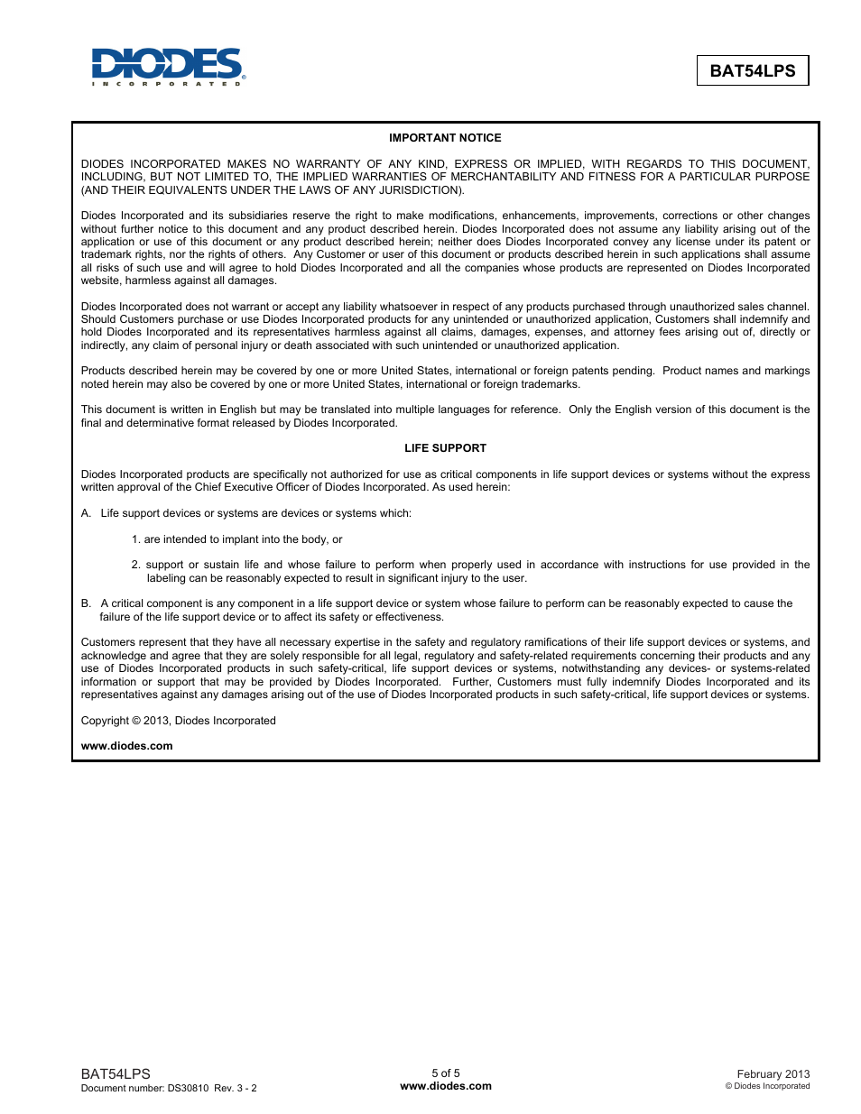 Bat54lps | Diodes BAT54LPS User Manual | Page 5 / 5