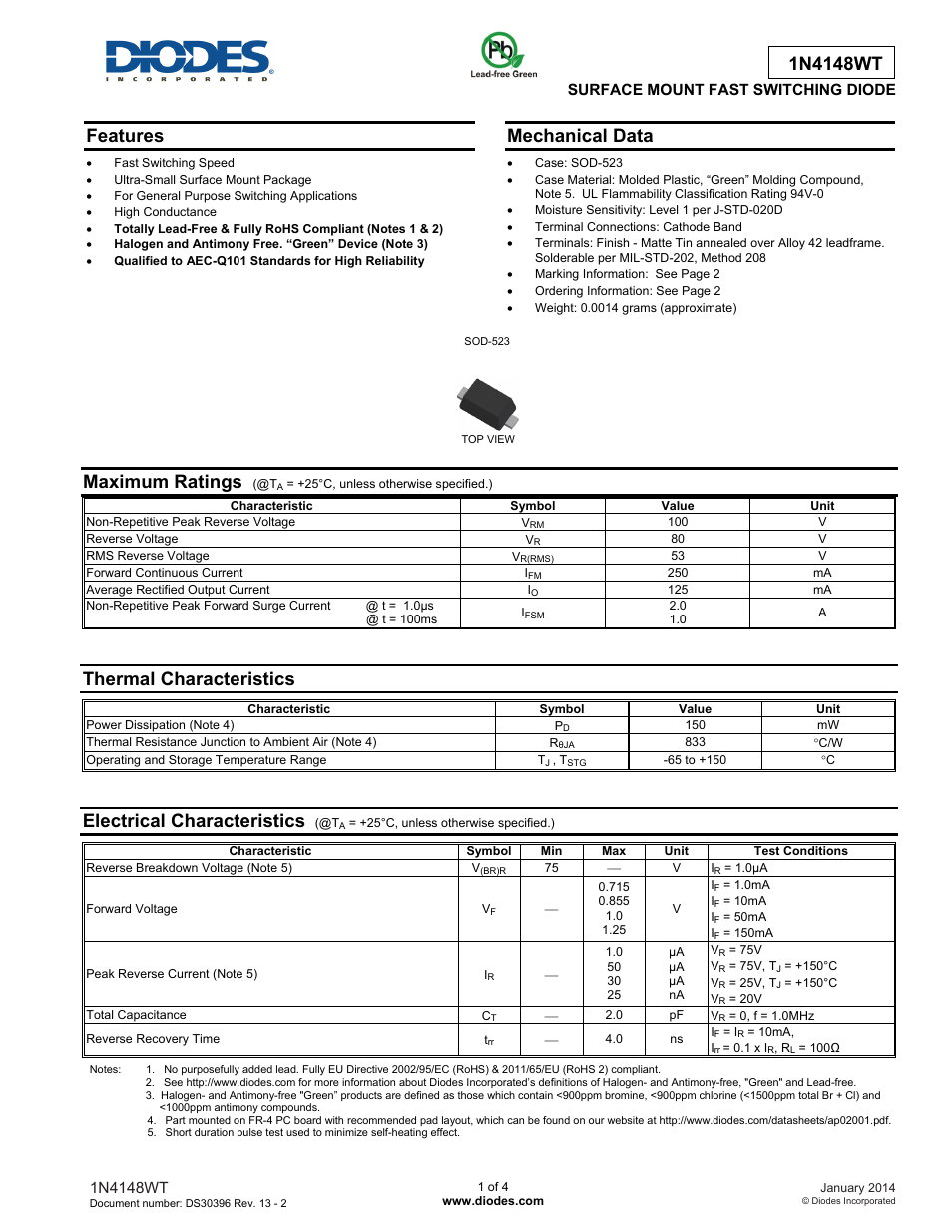 Diodes 1N4148WT User Manual | 4 pages