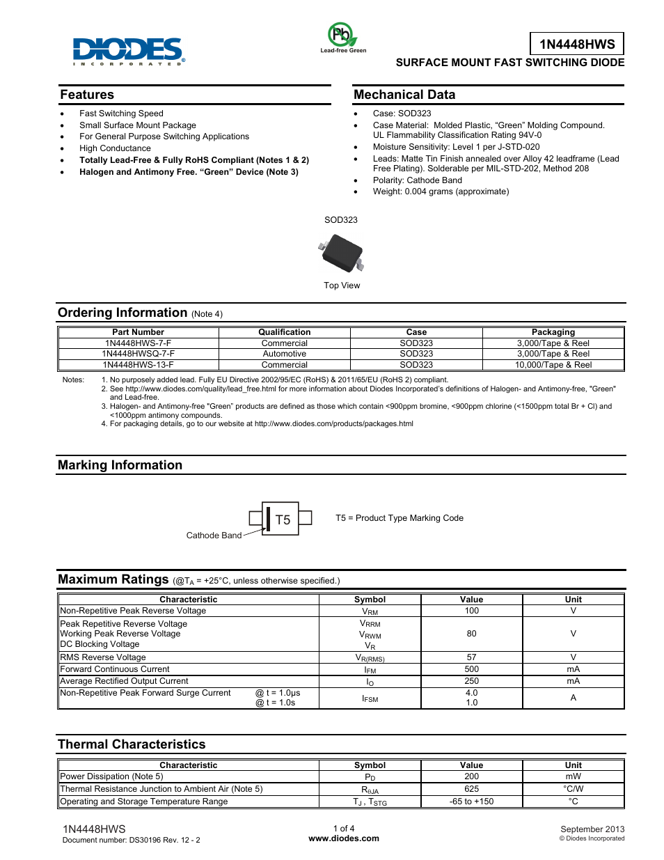 Diodes 1N4448HWS User Manual | 4 pages