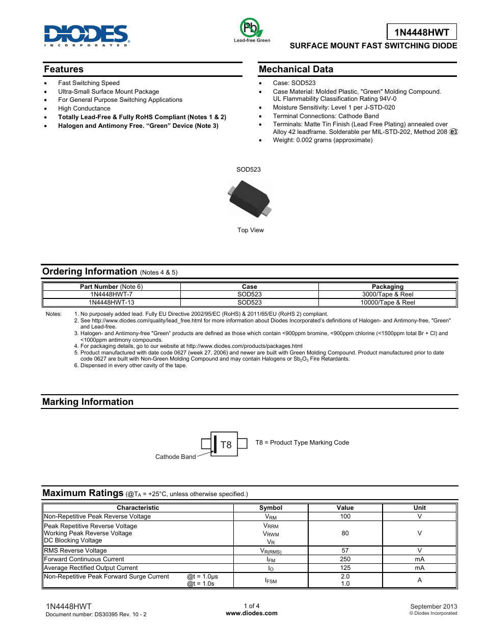 Diodes 1N4448HWT User Manual | 4 pages