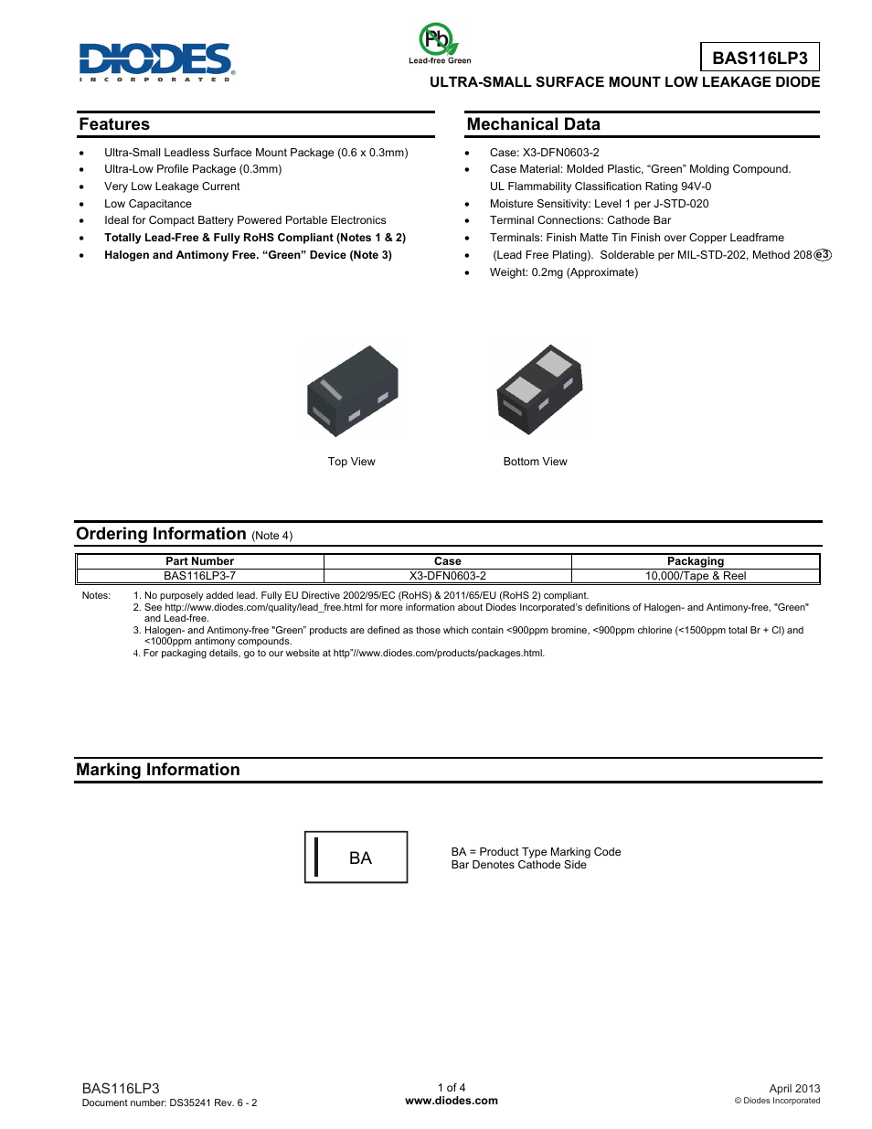 Diodes BAS116LP3 User Manual | 4 pages