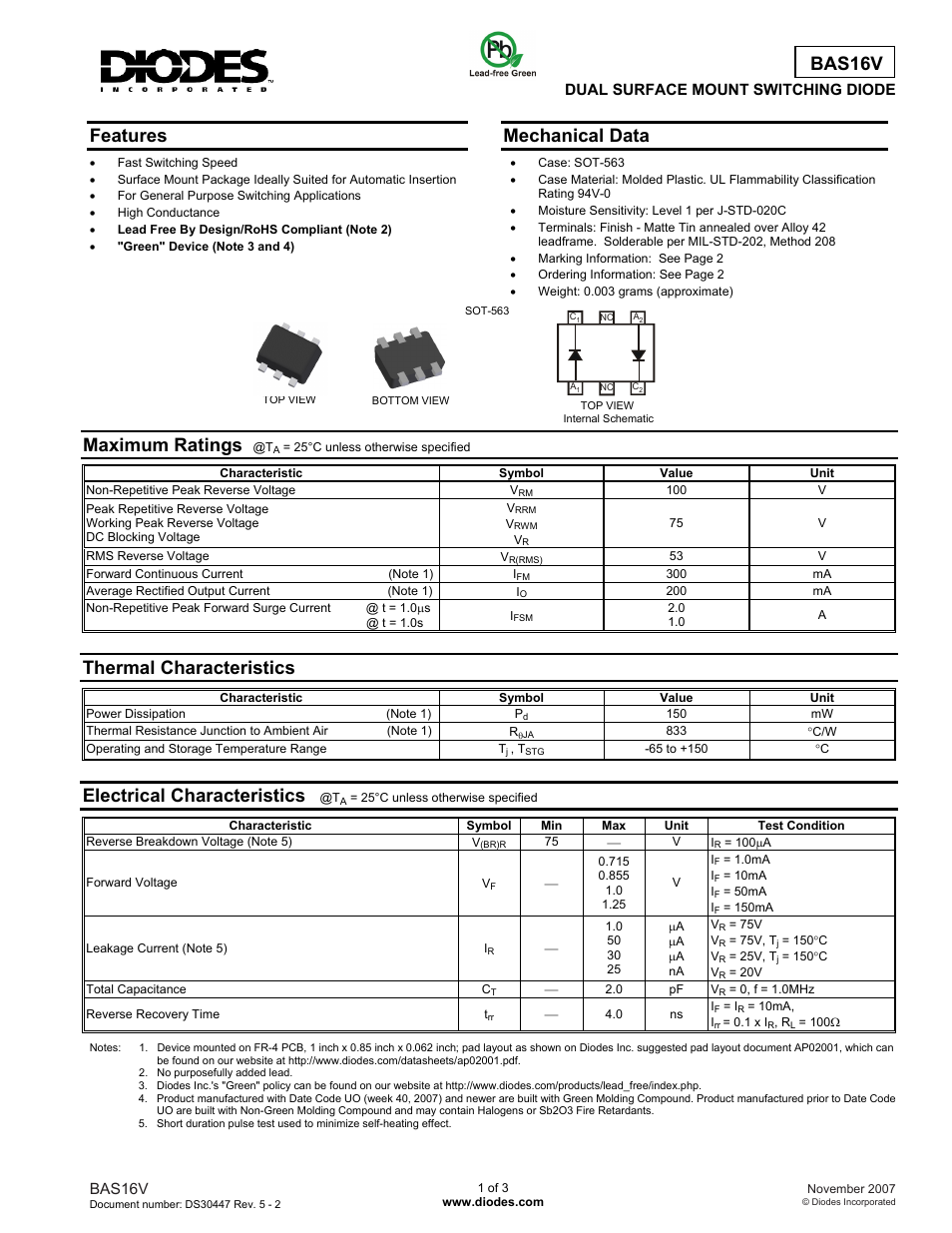 Diodes BAS16V User Manual | 3 pages