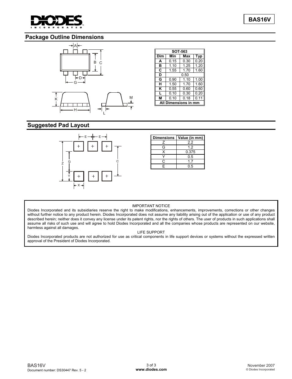 Package outline dimensions, Suggested pad layout, Bas16v | Diodes BAS16V User Manual | Page 3 / 3