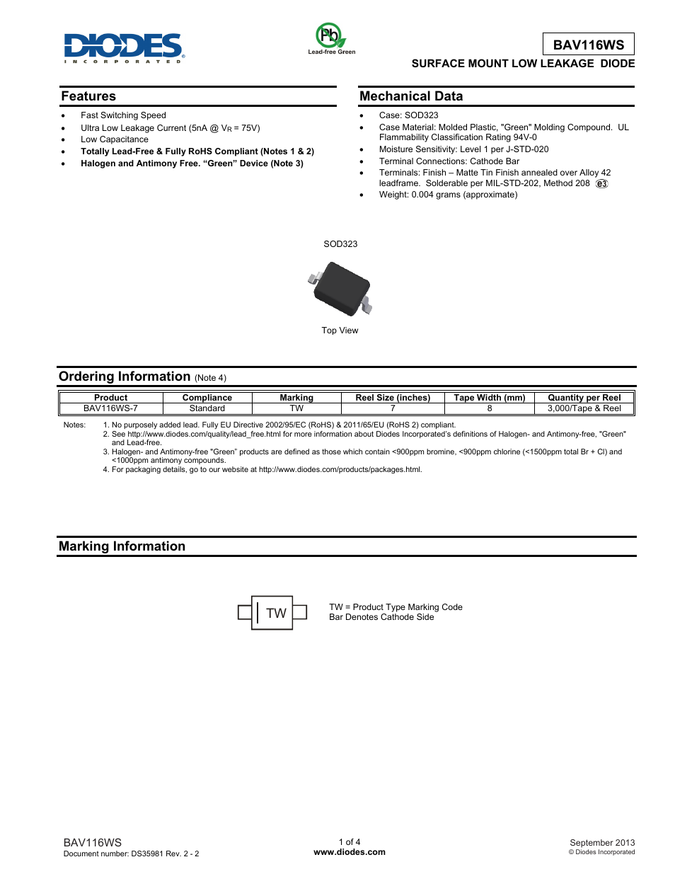 Diodes BAV116WS User Manual | 4 pages