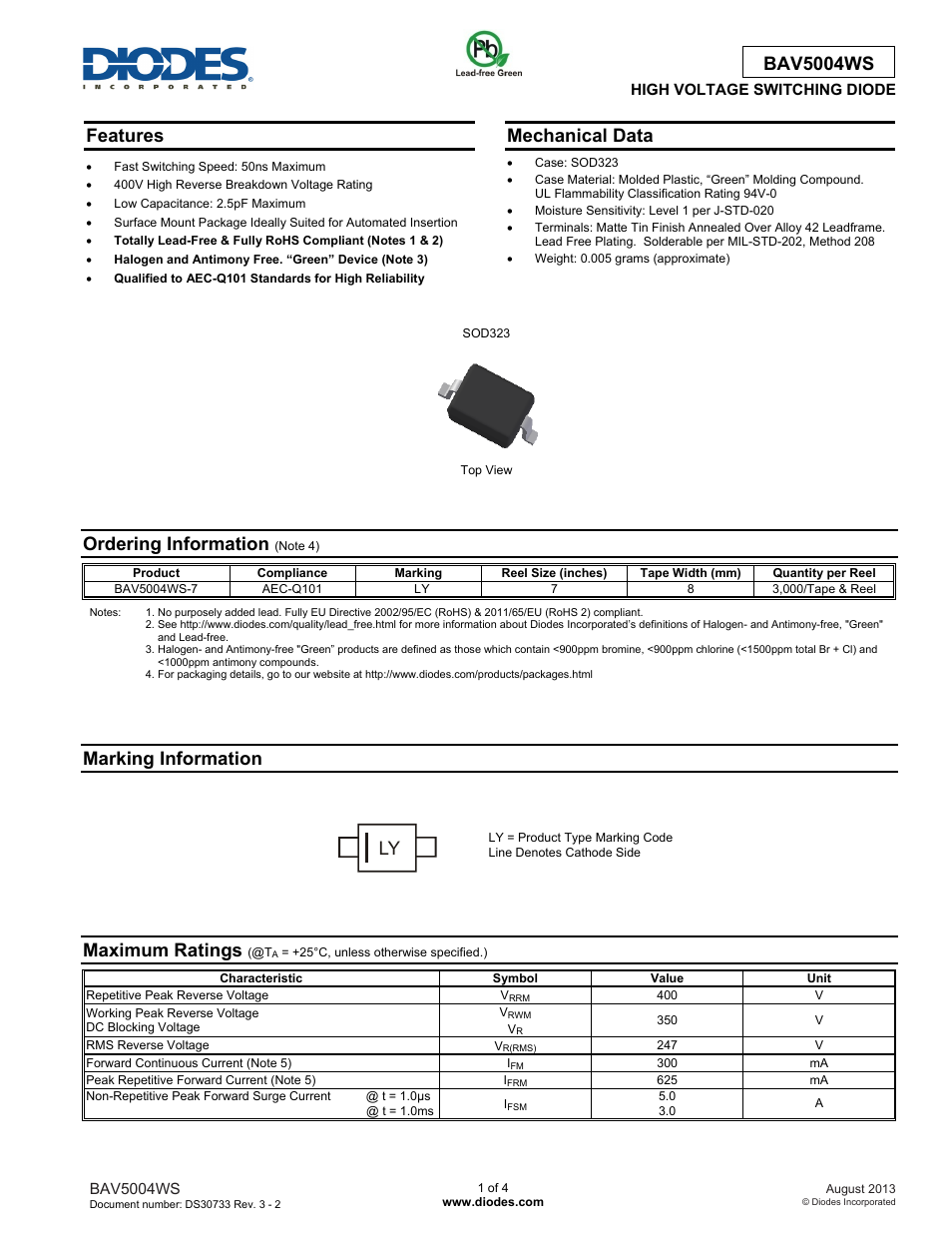 Diodes BAV5004WS User Manual | 4 pages