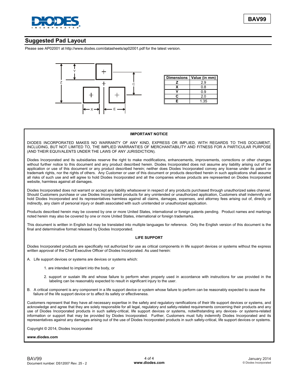 Bav99, Suggested pad layout | Diodes BAV99 User Manual | Page 4 / 4