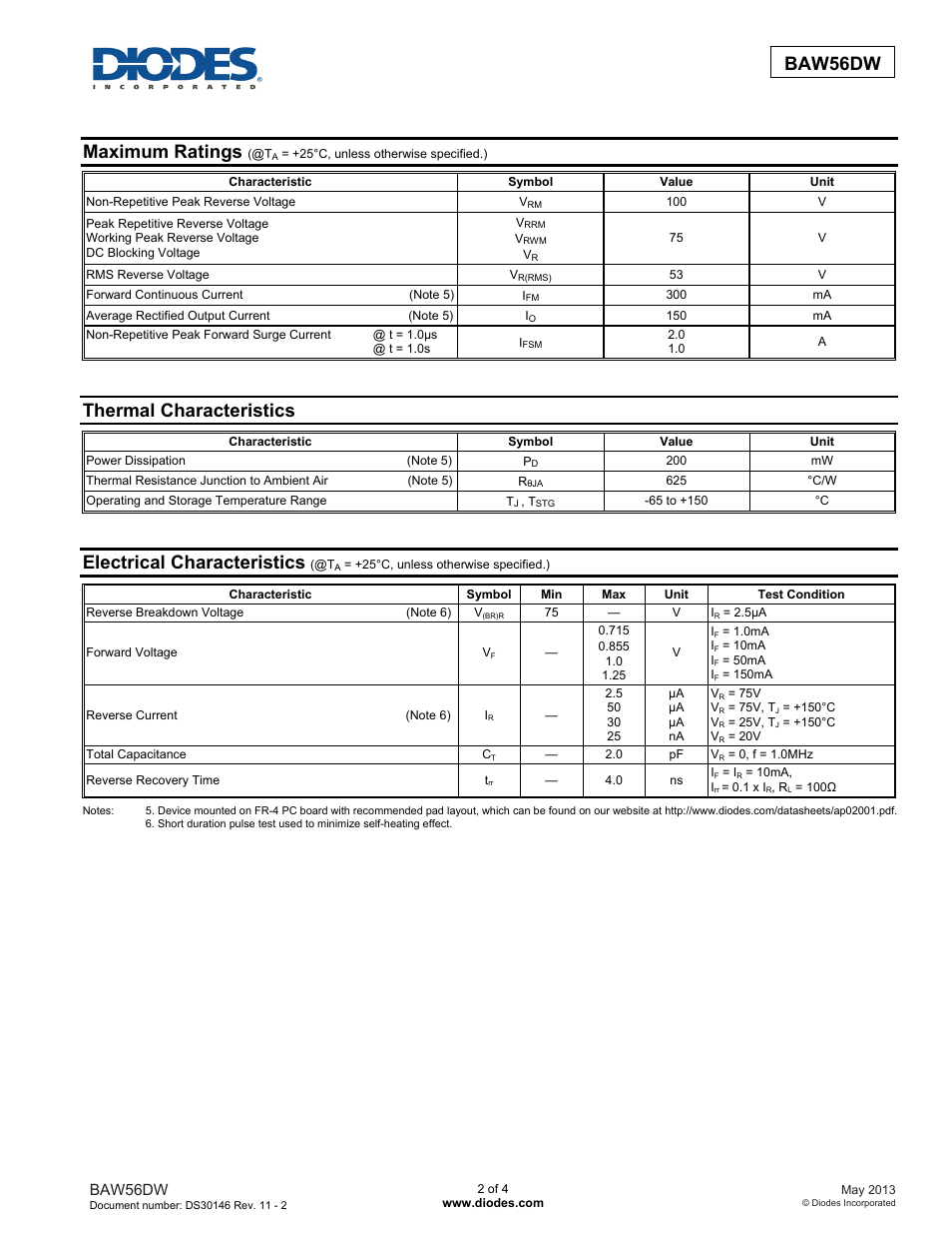 Maximum ratings, Thermal characteristics, Electrical characteristics | Baw56dw | Diodes BAW56DW User Manual | Page 2 / 4
