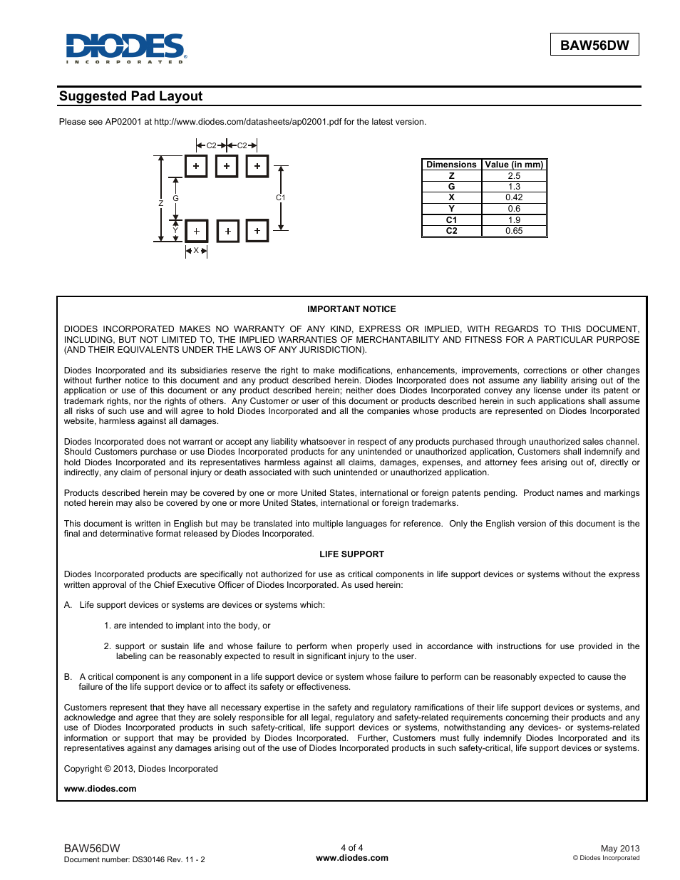 Baw56dw, Suggested pad layout | Diodes BAW56DW User Manual | Page 4 / 4