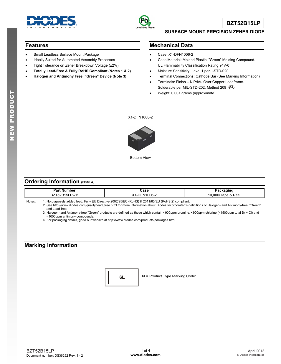 Diodes BZT52B15LP User Manual | 4 pages