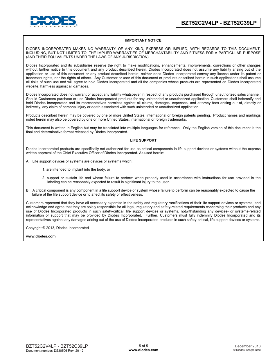 Diodes BZT52C2V4LP - BZT52C39LP User Manual | Page 5 / 5